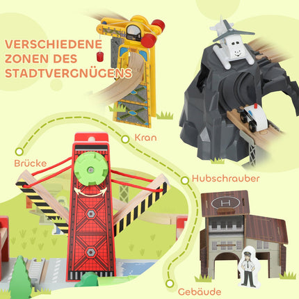 Medinis traukinių rinkinys, 100 dalių, magnetinis kranas, buko mediena