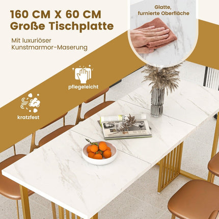 Medinis valgomojo stalas, 160 x 60 cm, stačiakampis virtuvės stalas su marmuro imitacija ir metalinėmis kojelėmis, baltas + auksinis