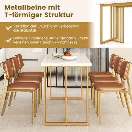 Medinis valgomojo stalas, 160 x 60 cm, stačiakampis virtuvės stalas su marmuro imitacija ir metalinėmis kojelėmis, baltas + auksinis