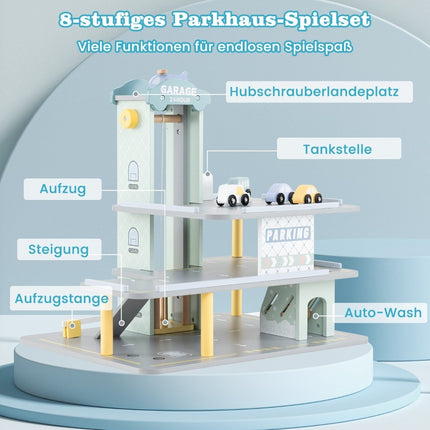 Wooden parking garage with 3 floors & 4 cars & elevator parking garage car garage toy for children from 3 years.