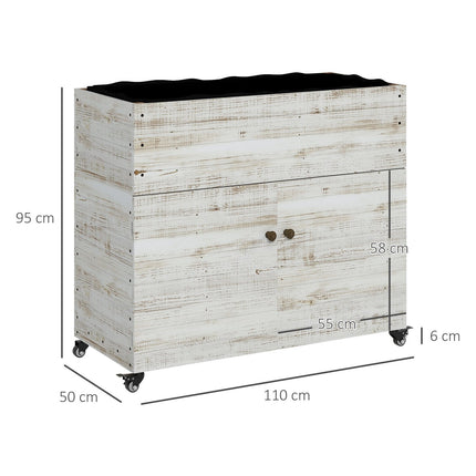 Wooden planter box with wheels and storage, 110x50x95 cm