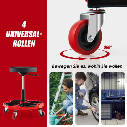 Dirbtuvių vežimėlis su lentyna ir 4 universaliais ratukais, 150 kg keliamoji galia, reguliuojamo aukščio, raudonas + juodas