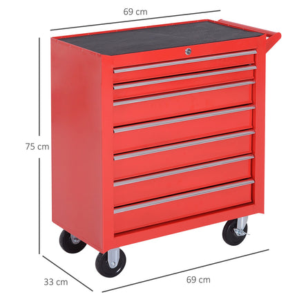 Workshop tool trolley with wheels, 7 lockable drawers