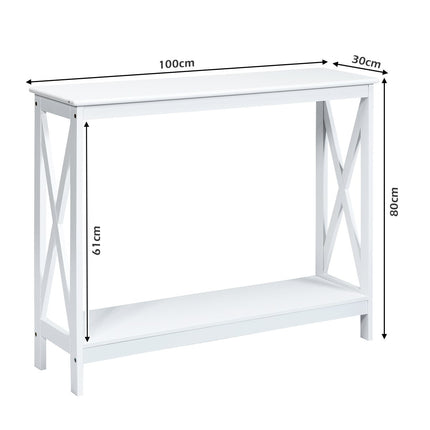 X formos siauras konsolinis staliukas su 2 aukštais, 100 x 30 x 80 cm, baltas
