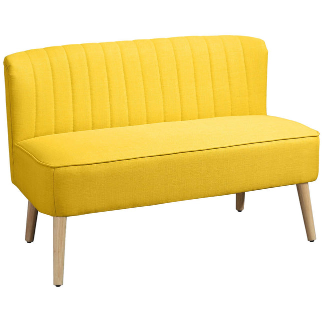 Geltona dvivietė sofa, putplastis ir linas, kompaktiškas dizainas
