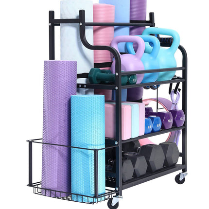 Yoga Mat Storage Rack With Hooks and Wheels, Steel